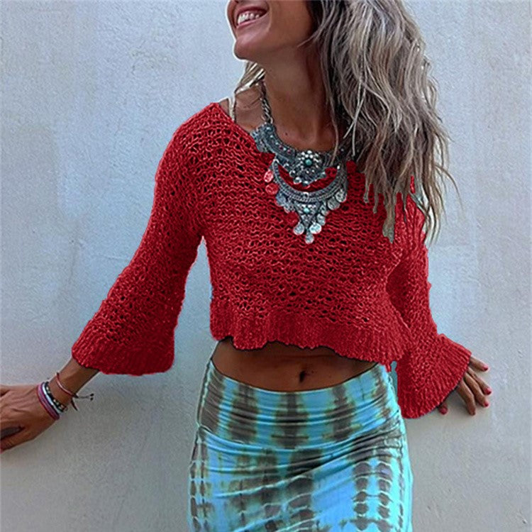Sheer Open Knit Flare Sleeve Crop Top - Red