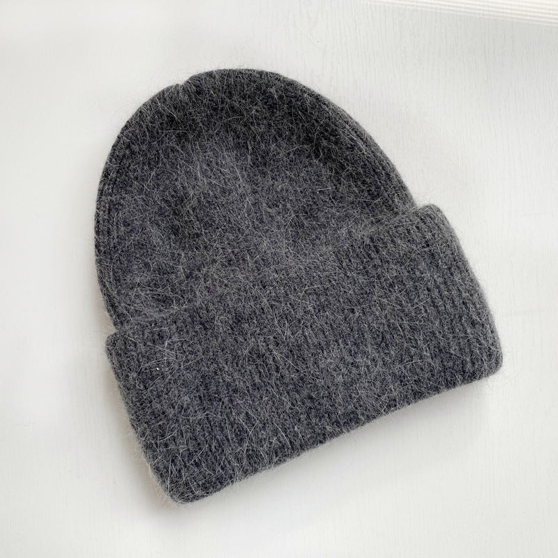 Fuzzy Angora Ribbed Cuffed Beanie - Darkgray