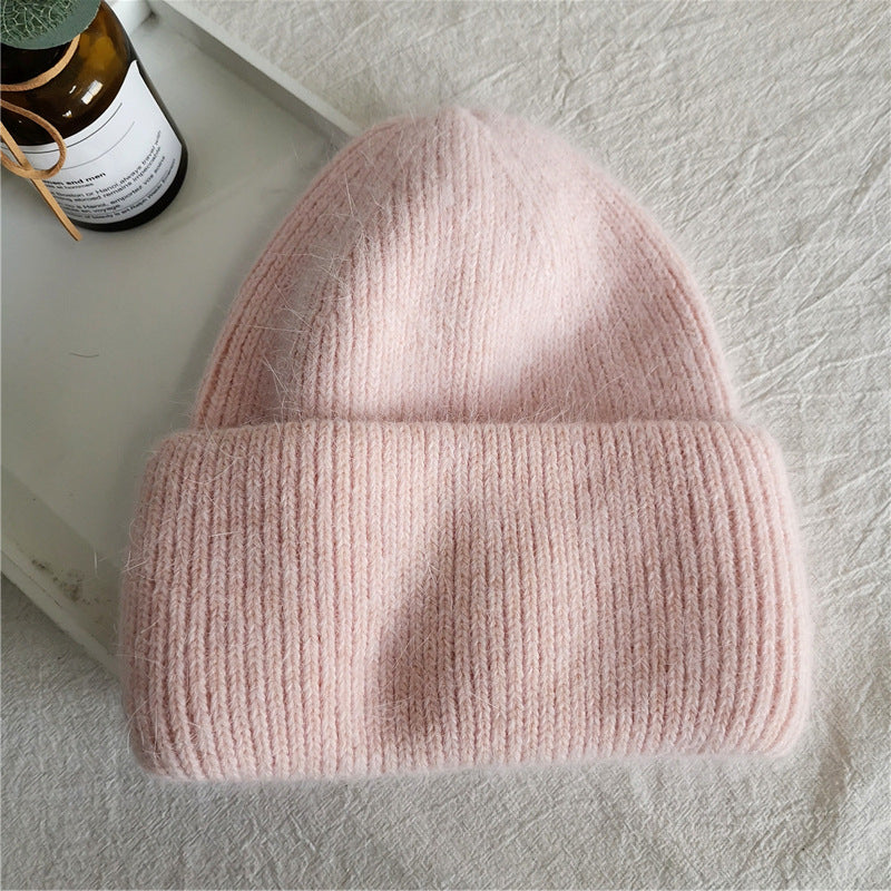 Fuzzy Angora Ribbed Cuffed Beanie - Pink