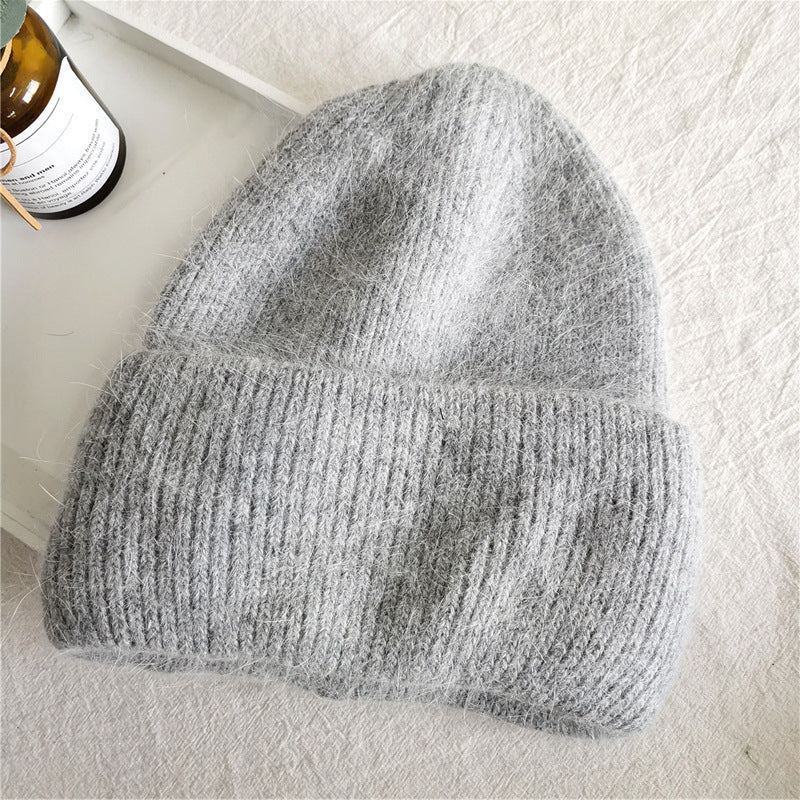 Fuzzy Angora Ribbed Cuffed Beanie - gray