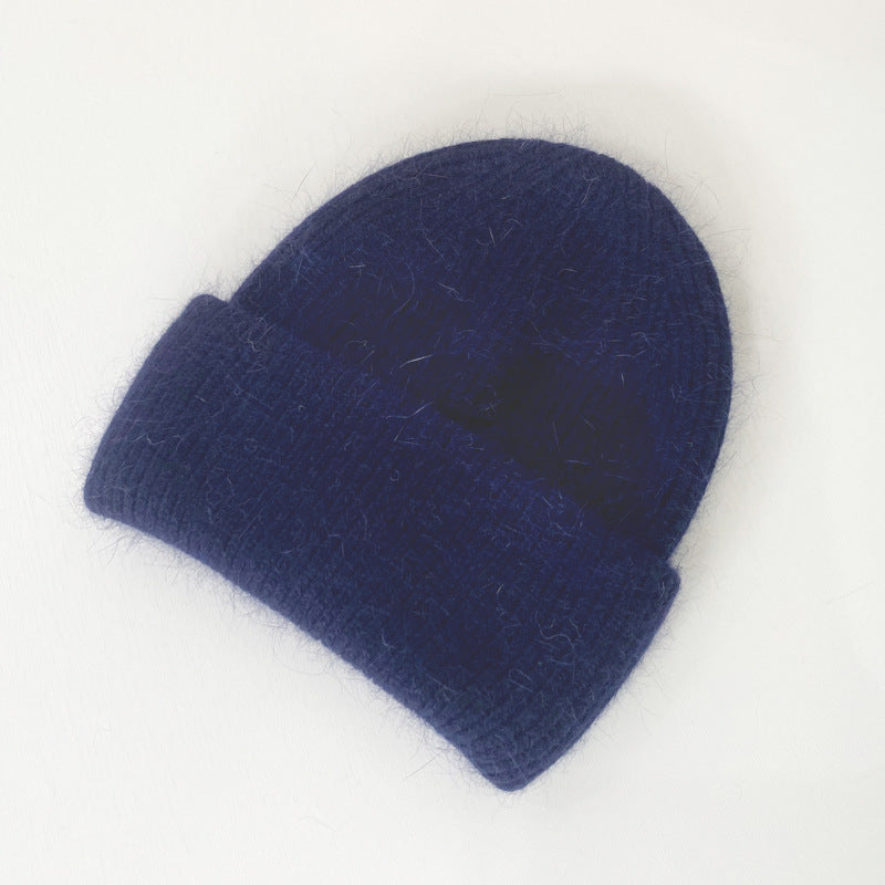 Fuzzy Angora Ribbed Cuffed Beanie - navyblue