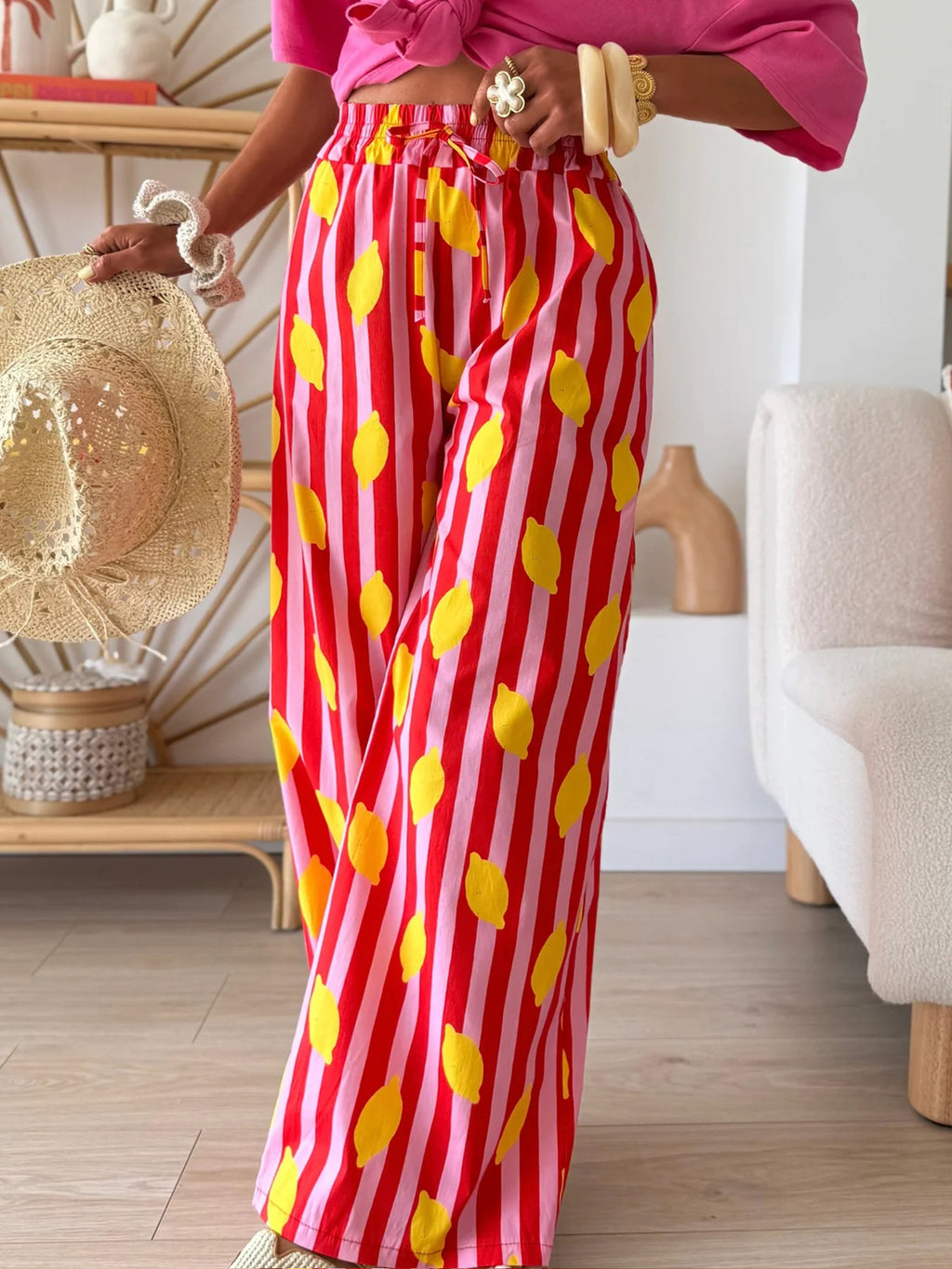 Lemon Stripe Print Wide Leg Trousers - Red
