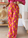 Lemon Stripe Print Wide Leg Trousers - Red