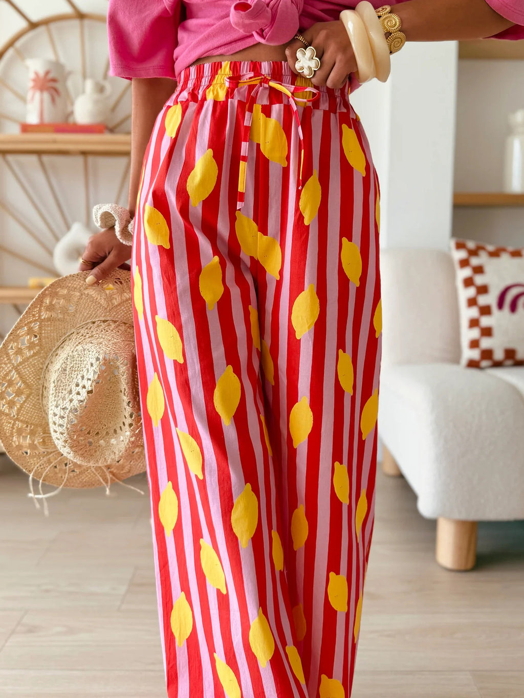 Lemon Stripe Print Wide Leg Trousers - Red - 1