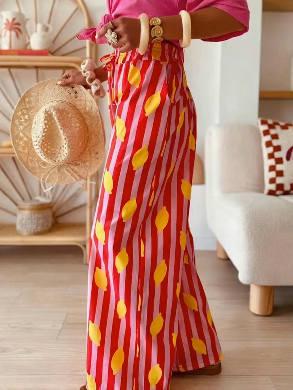 Lemon Stripe Print Wide Leg Trousers - Red - 2
