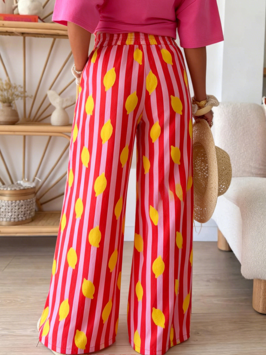 Lemon Stripe Print Wide Leg Trousers - Red - 3