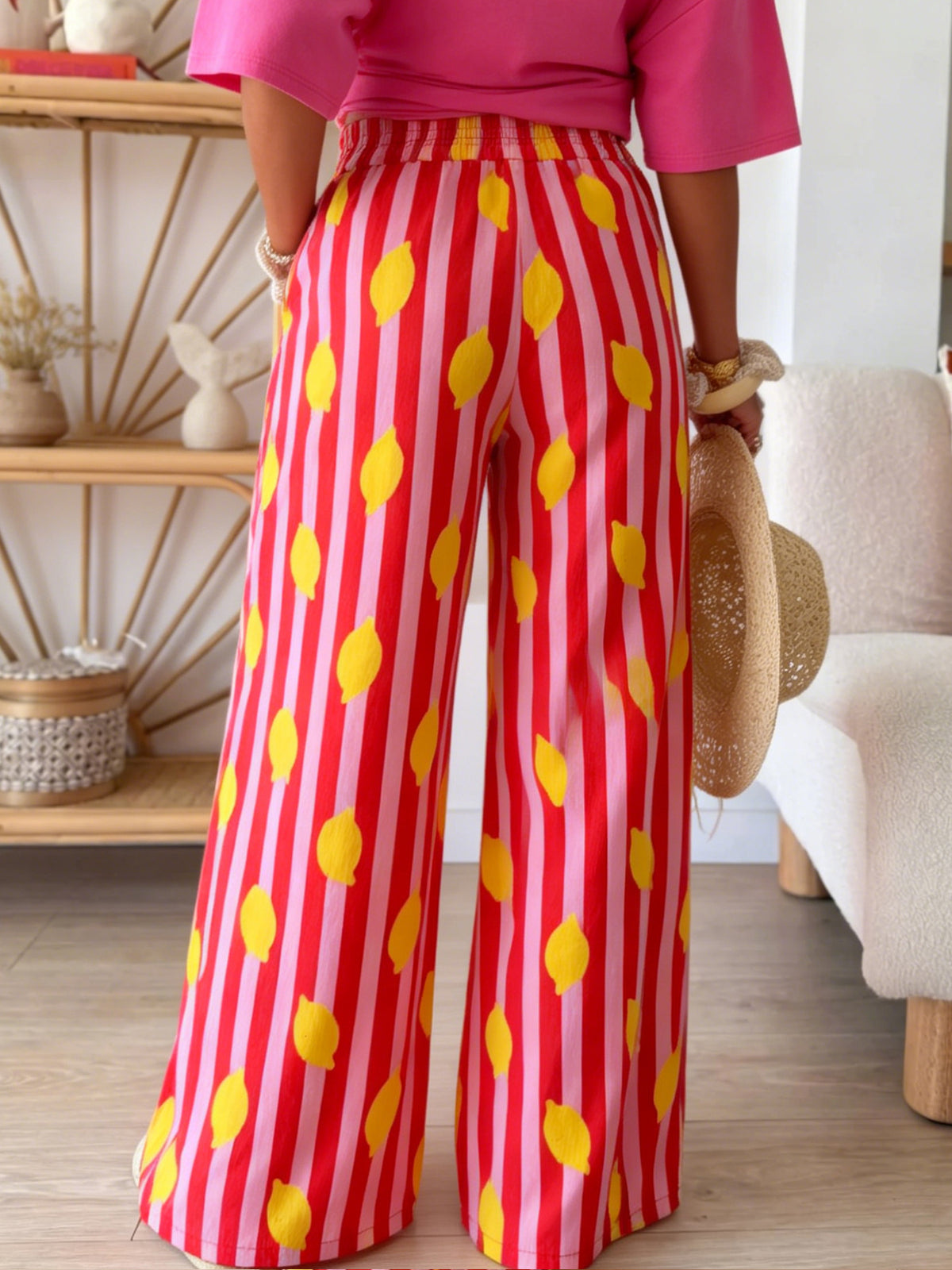 Lemon Stripe Print Wide Leg Trousers - Red - 3