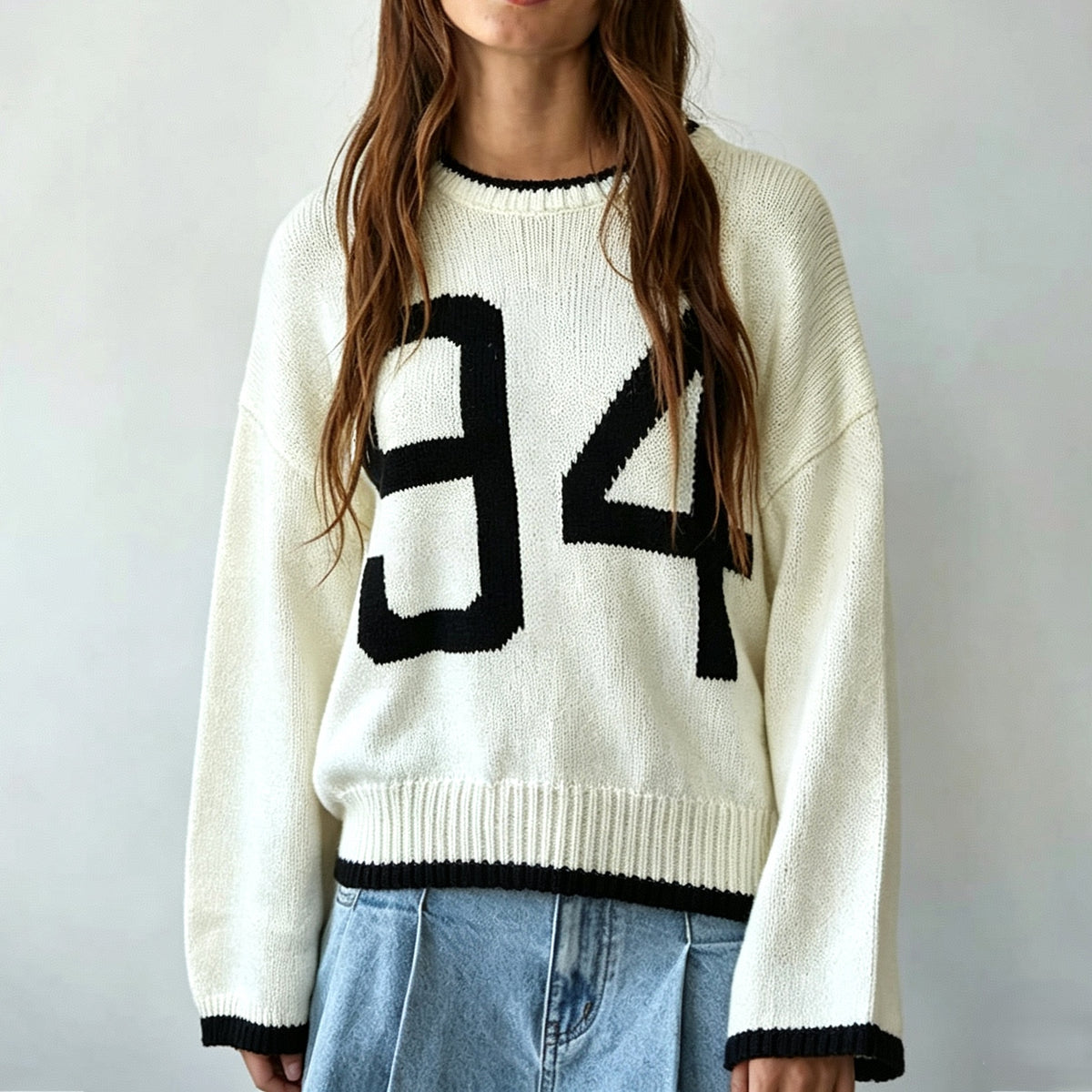 Varsity Number Jacquard Drop Shoulder Sweater - Apricot