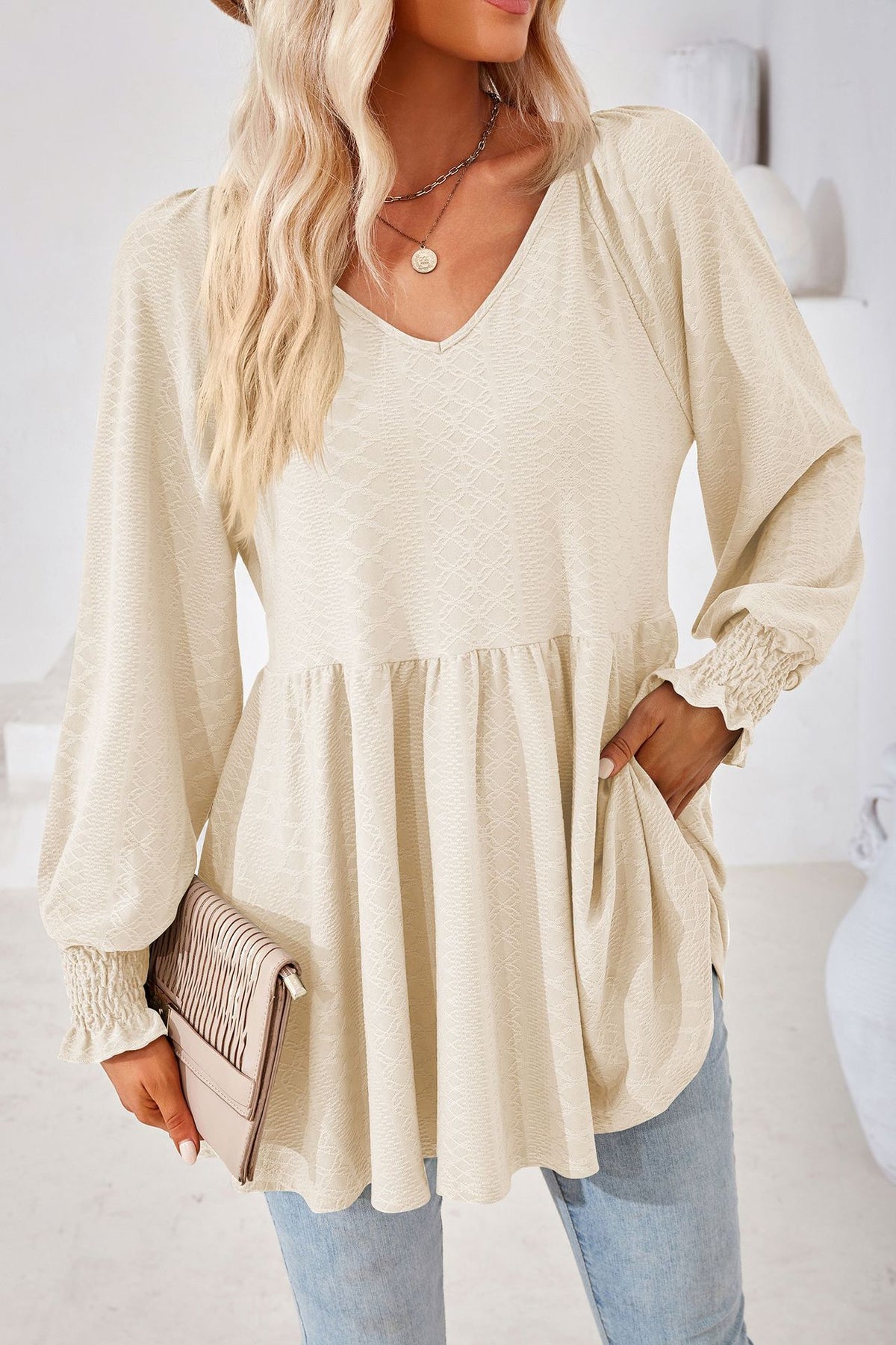 Textured Knit Babydoll Peplum Tunic Top - Apricot