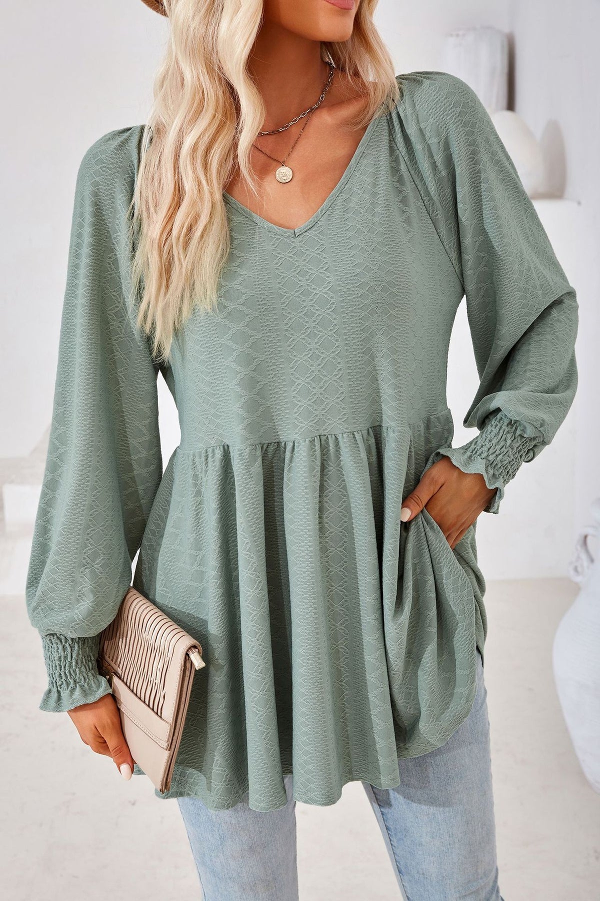 Textured Knit Babydoll Peplum Tunic Top - Green