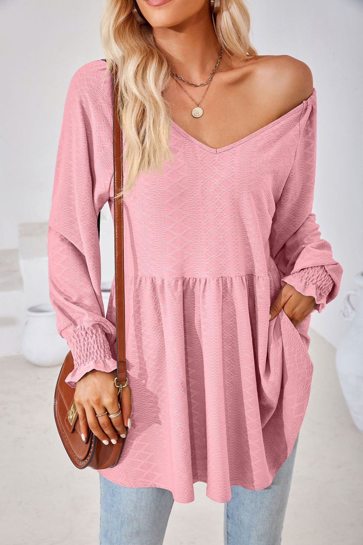 Textured Knit Babydoll Peplum Tunic Top - Pink