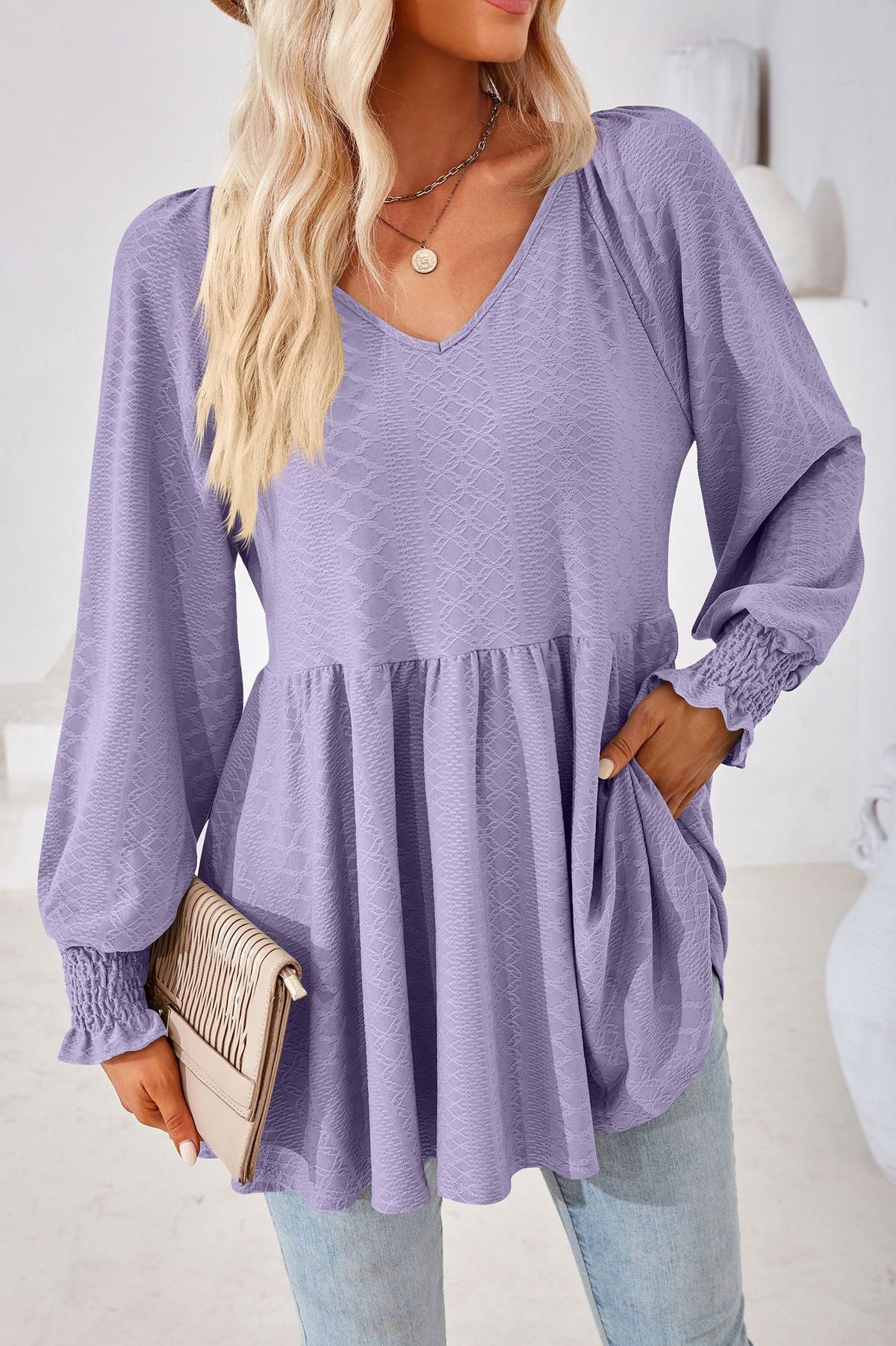 Textured Knit Babydoll Peplum Tunic Top - Purple