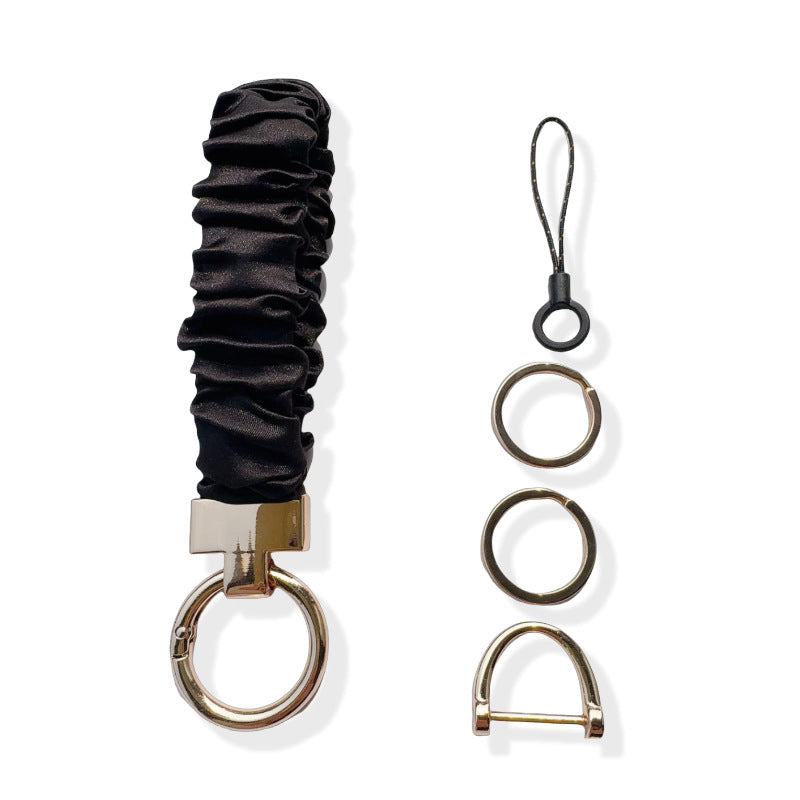 Satin Scrunchie Wristlet Keychain Ring - Black - 1
