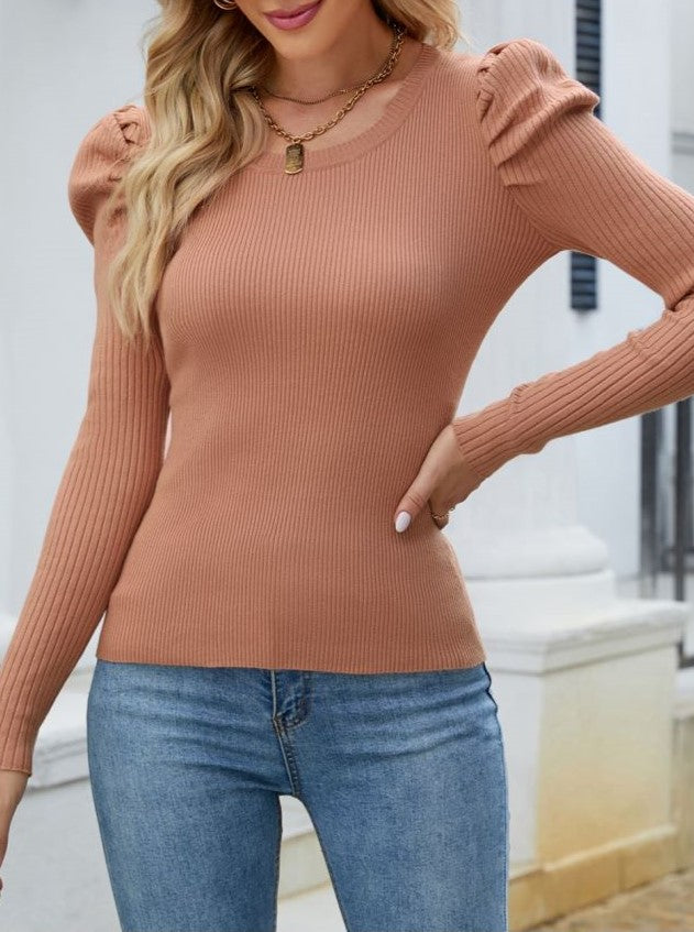 Ribbed Knit Puff Shoulder Crewneck Top - Khaki