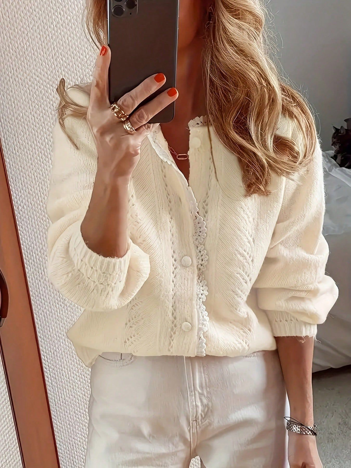 Pointelle Knit Lace Collar Button Cardigan - Beige