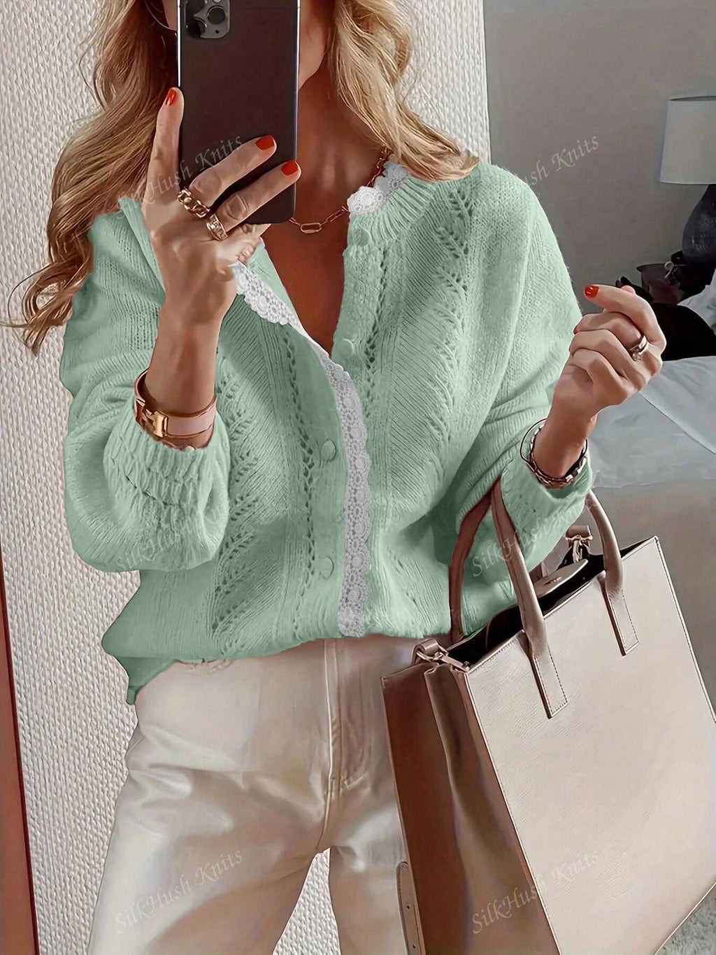Pointelle Knit Lace Collar Button Cardigan - Green