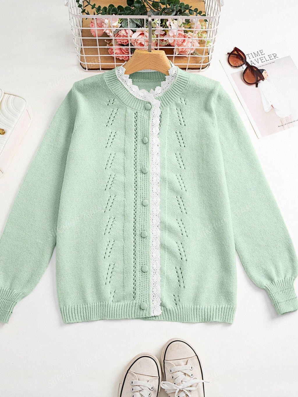 Pointelle Knit Lace Collar Button Cardigan - Green - 1