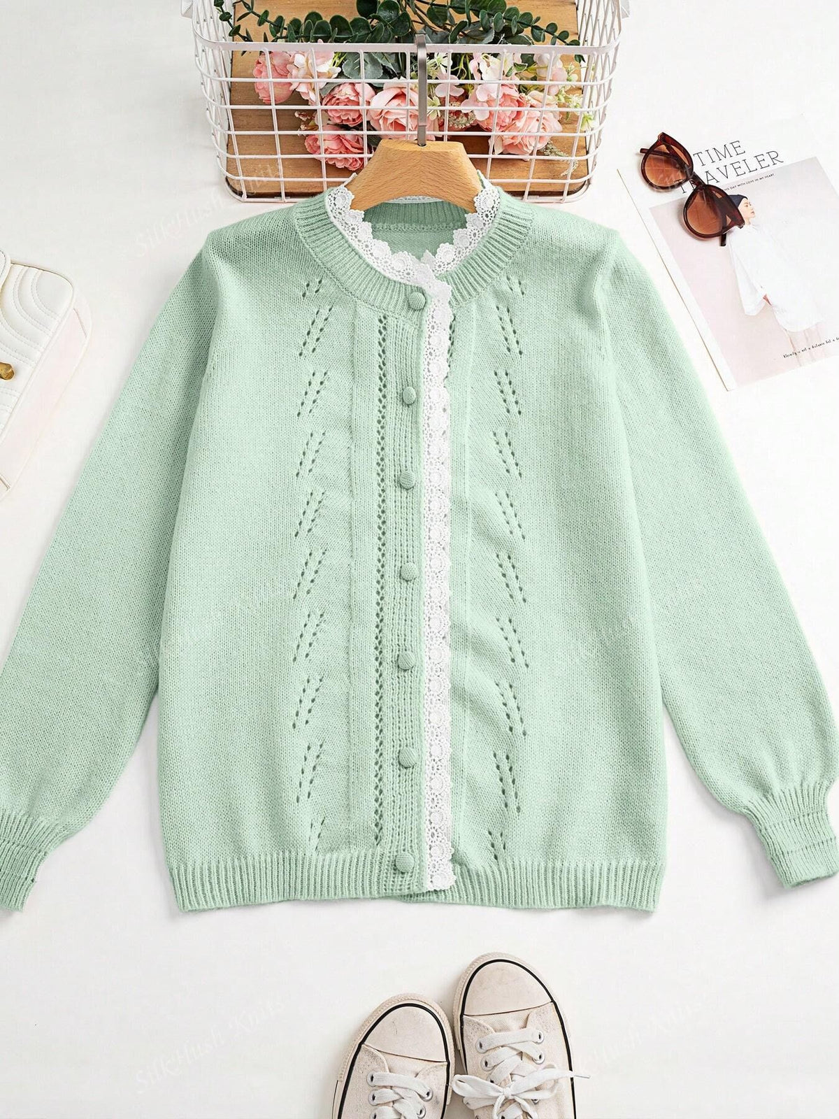Pointelle Knit Lace Collar Button Cardigan - Green - 1