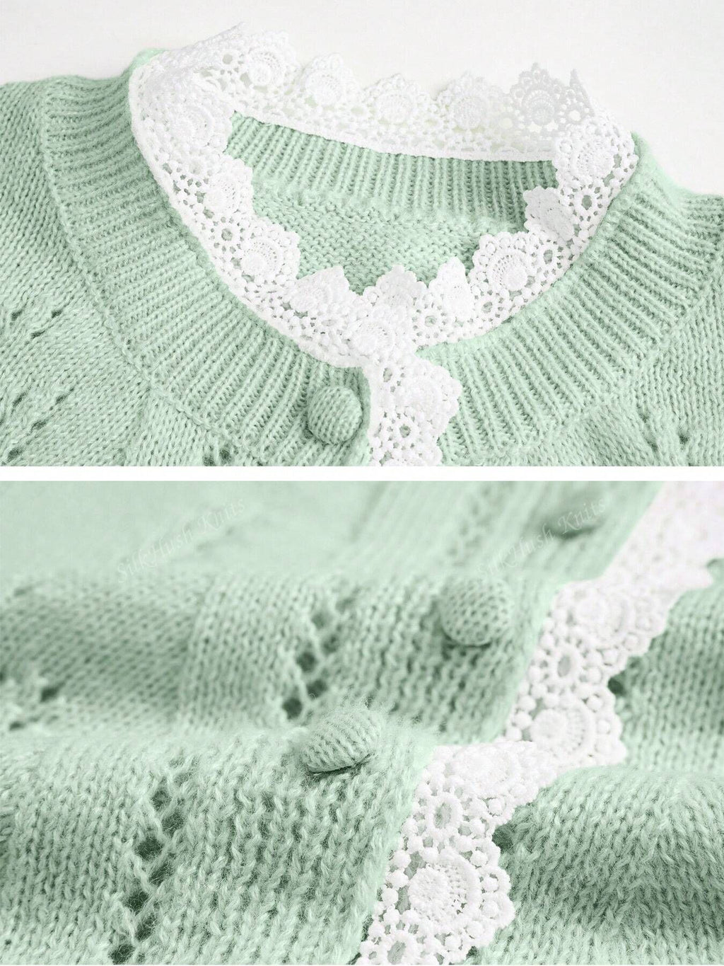 Pointelle Knit Lace Collar Button Cardigan - Green - 2
