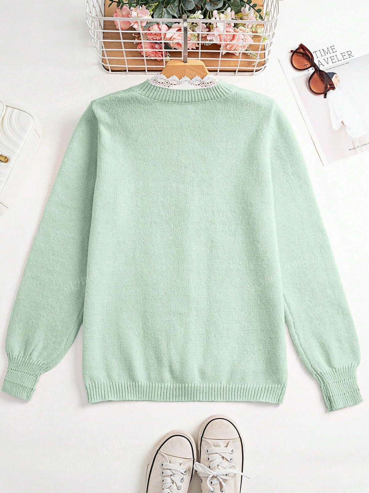 Pointelle Knit Lace Collar Button Cardigan - Green - 3