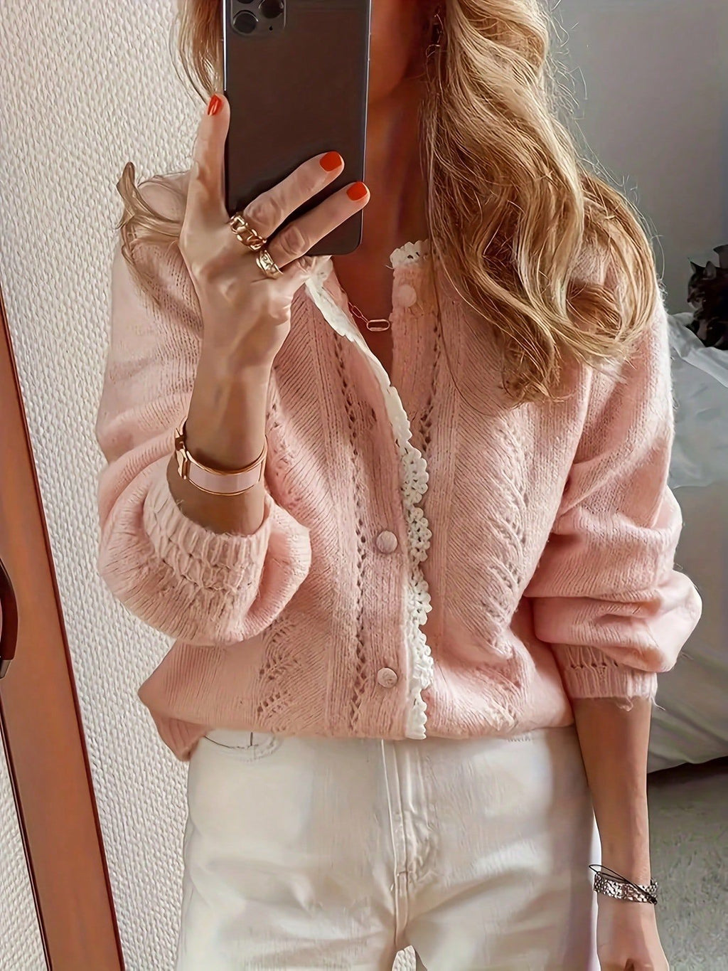 Pointelle Knit Lace Collar Button Cardigan - Pink