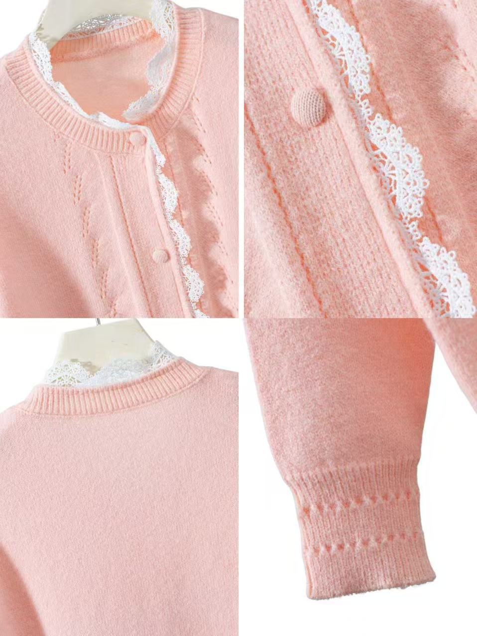 Pointelle Knit Lace Collar Button Cardigan - Pink - 1