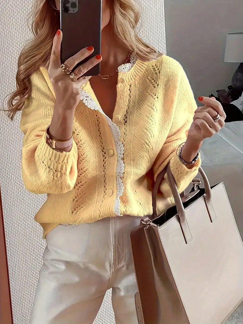 Pointelle Knit Lace Collar Button Cardigan - Yellow