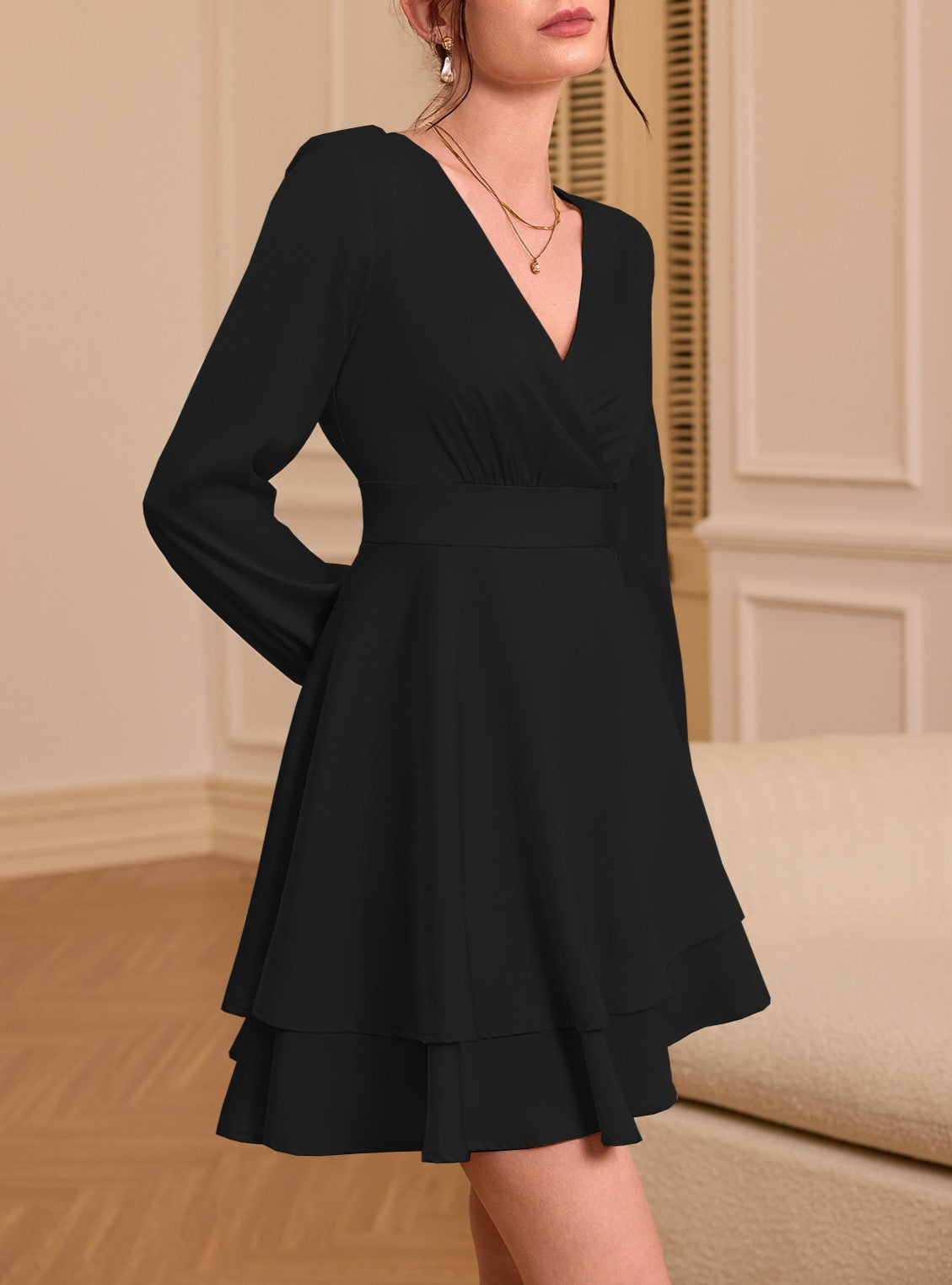 Satin Surplice Tiered Balloon Sleeve Mini Dress - Black - 2