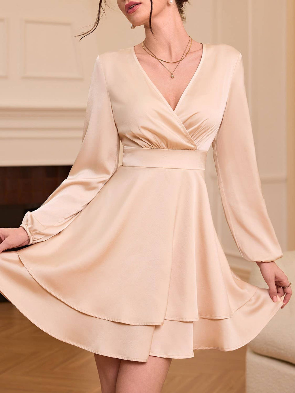 Satin Surplice Tiered Balloon Sleeve Mini Dress
