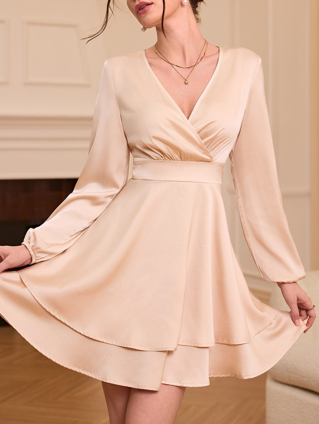 Satin Surplice Tiered Balloon Sleeve Mini Dress - view 1