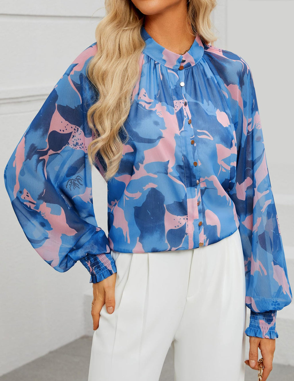 Sheer Balloon Sleeve Ruffle Neck Blouse - Blue