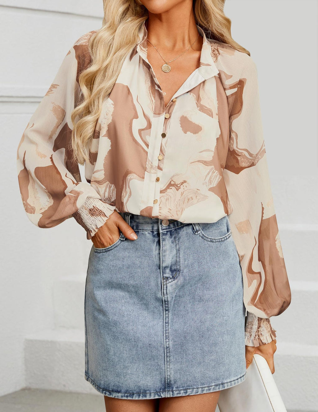 Sheer Balloon Sleeve Ruffle Neck Blouse - Brown