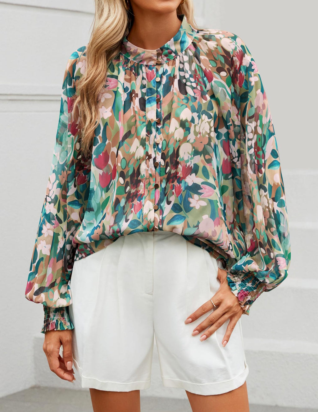 Sheer Balloon Sleeve Ruffle Neck Blouse - Green