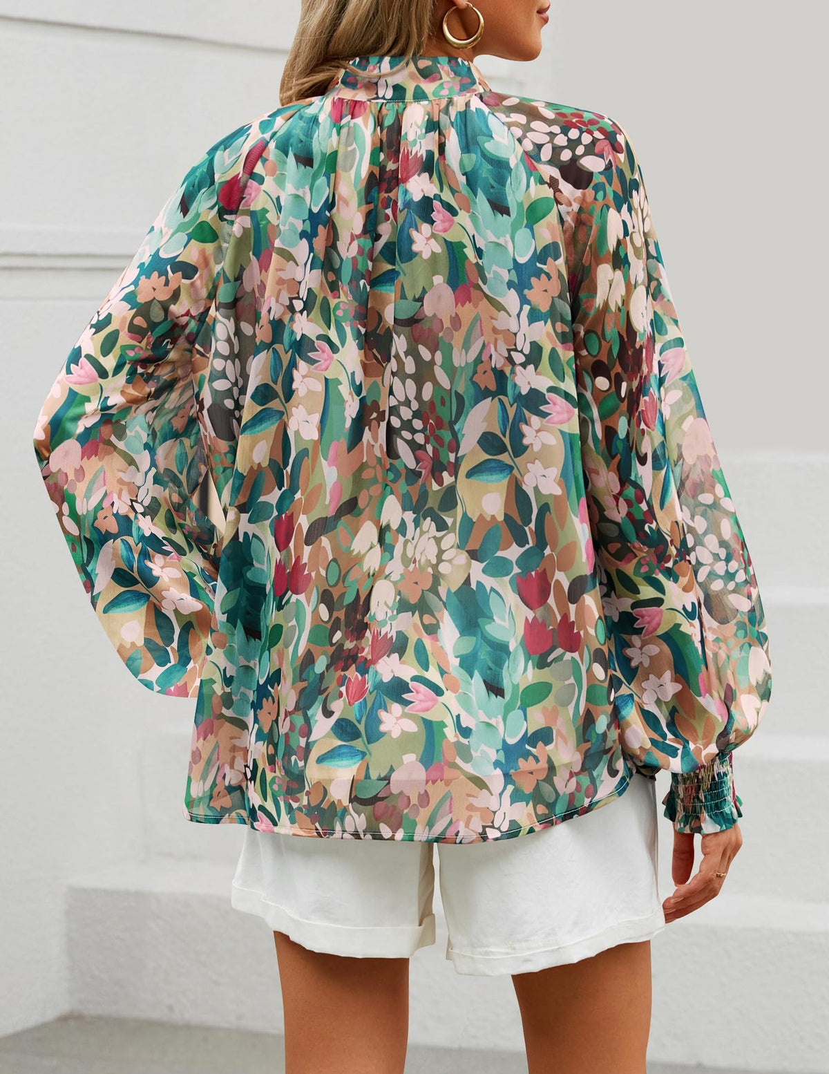 Sheer Balloon Sleeve Ruffle Neck Blouse - Green - 1