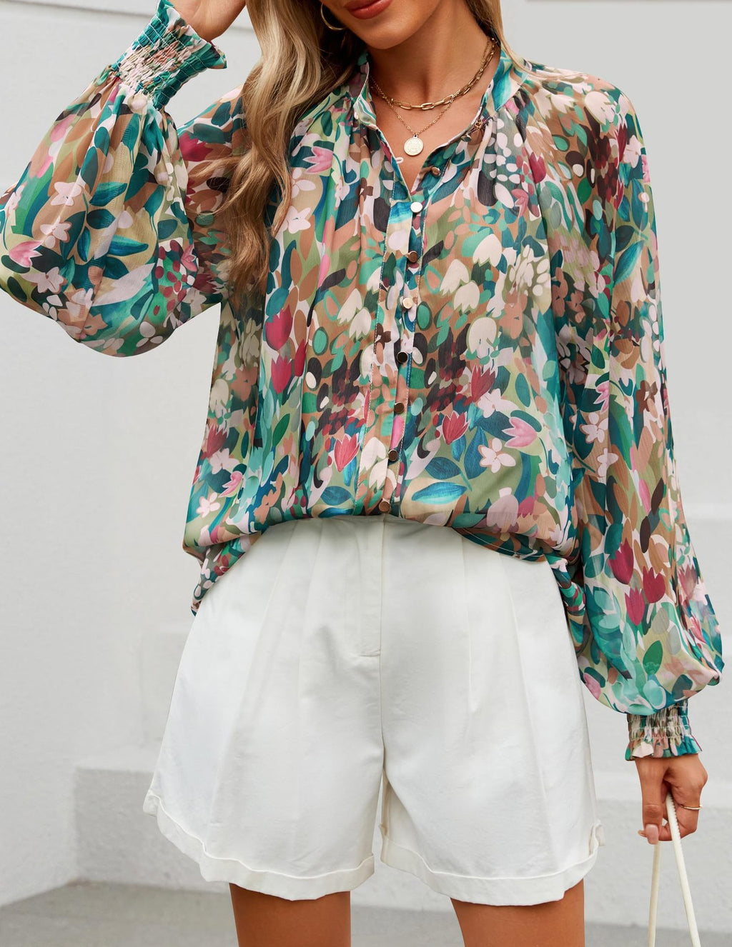 Sheer Balloon Sleeve Ruffle Neck Blouse - Green - 2