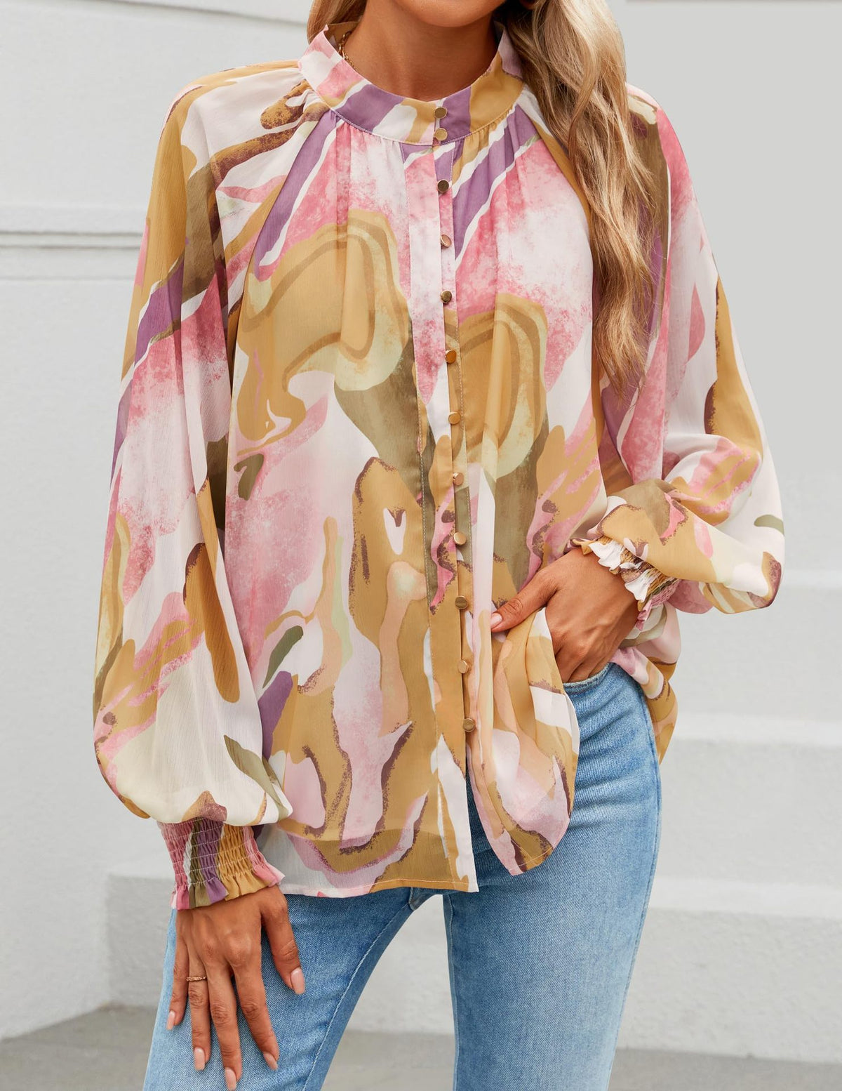 Sheer Balloon Sleeve Ruffle Neck Blouse - Pink