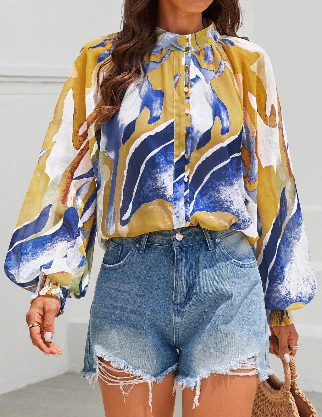 Sheer Balloon Sleeve Ruffle Neck Blouse - SeaBlue - 1