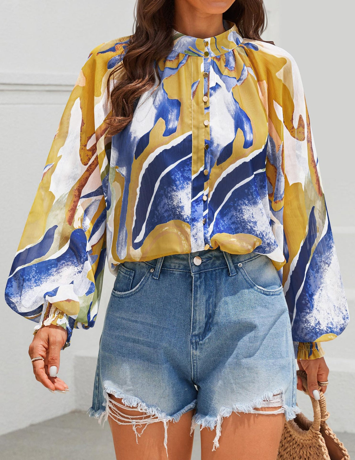Sheer Balloon Sleeve Ruffle Neck Blouse - SeaBlue - 1