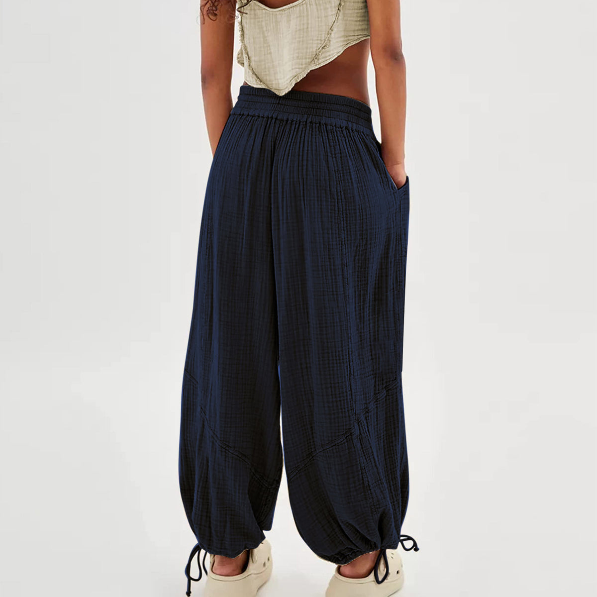 Tie Cuff Wide Leg Harem Pants - Black - 2