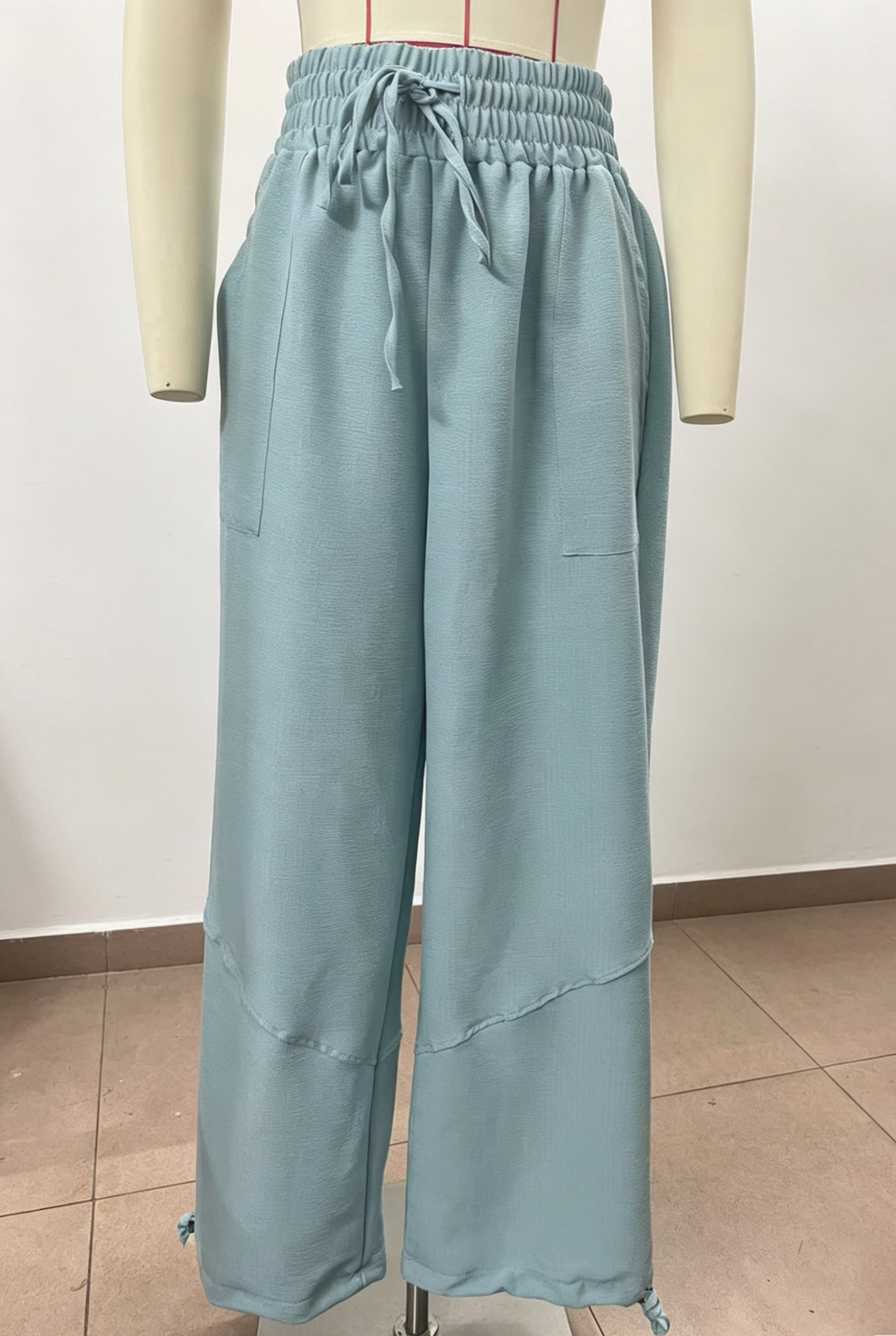 Tie Cuff Wide Leg Harem Pants - Blue
