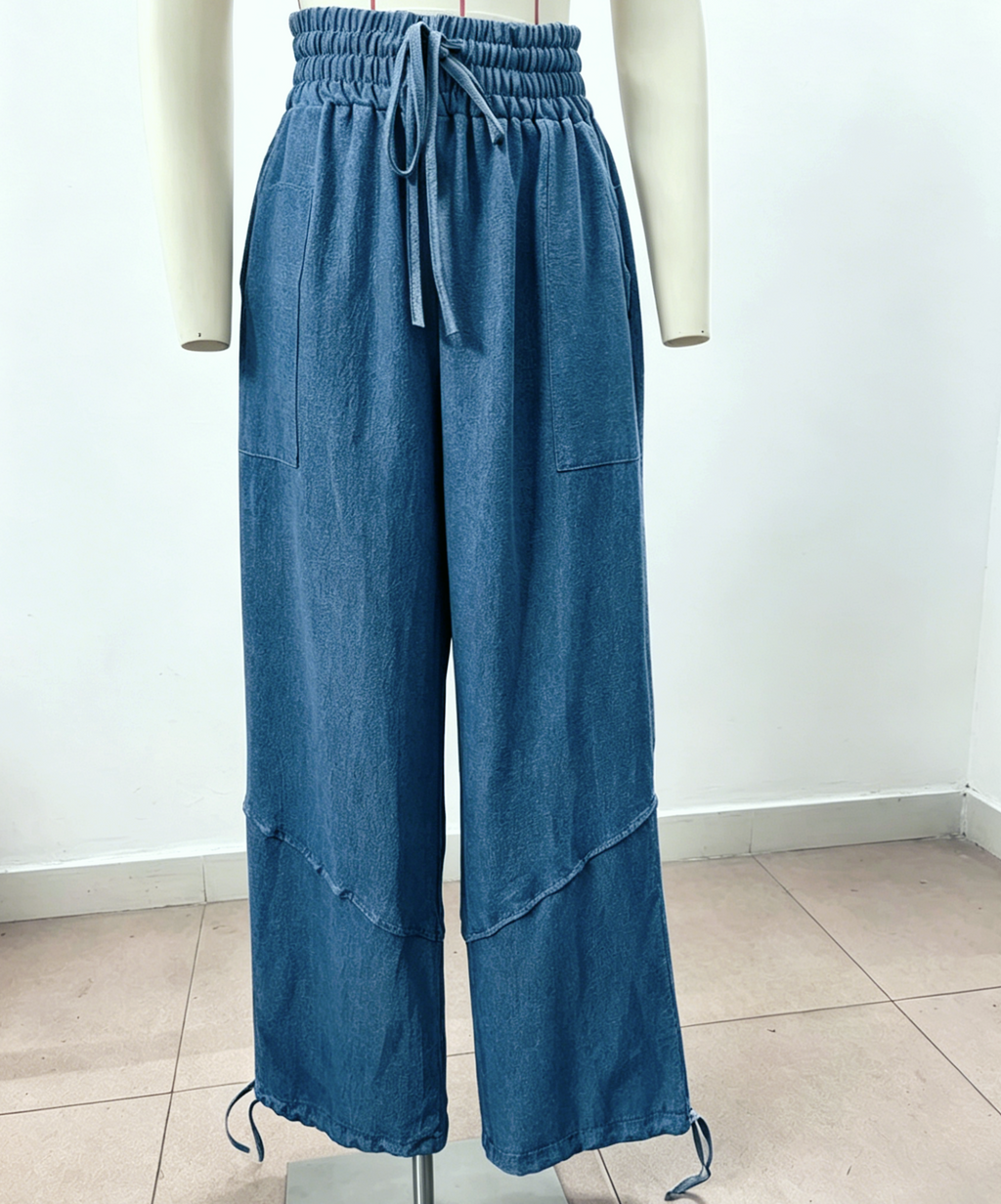 Tie Cuff Wide Leg Harem Pants - DarkBlue