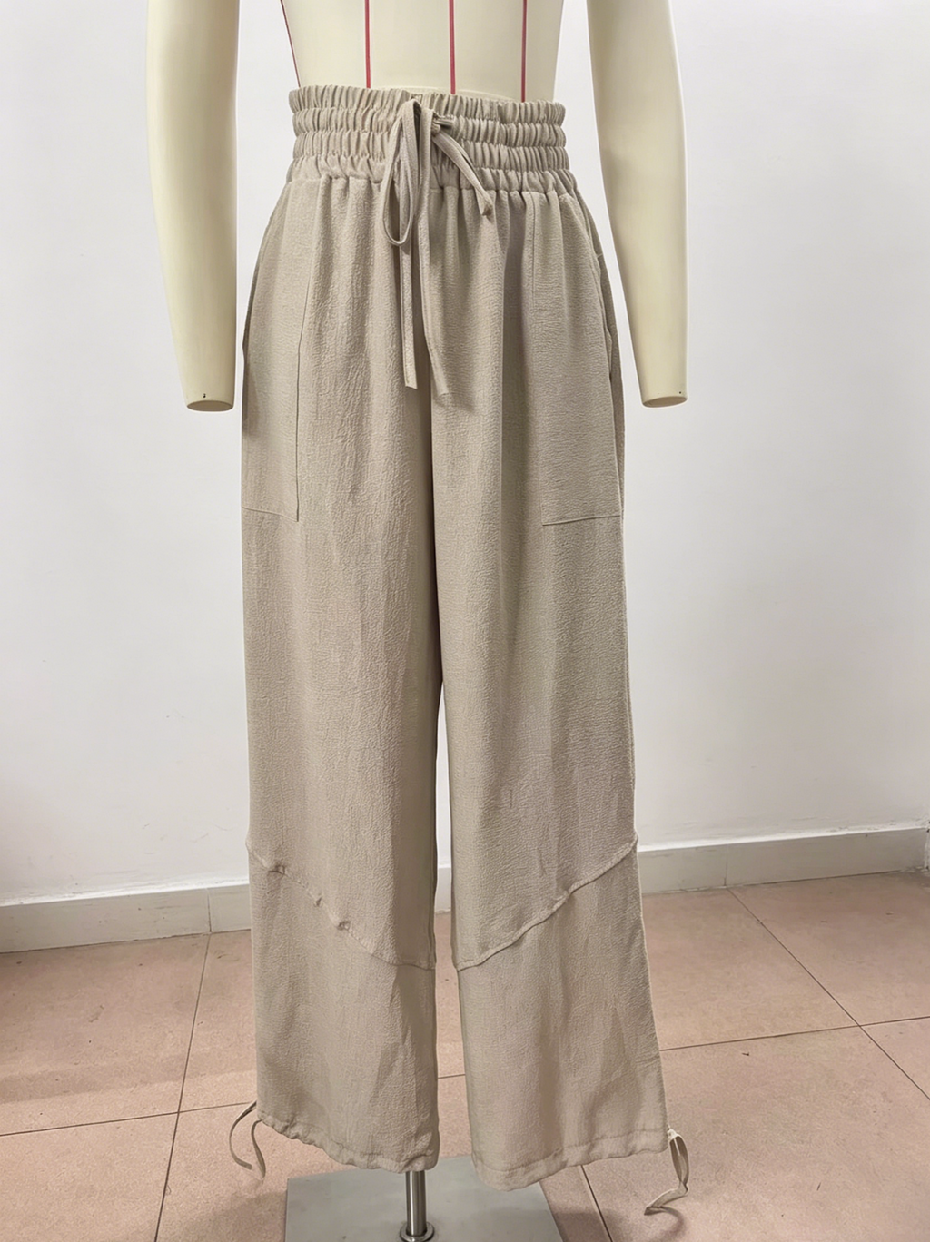 Tie Cuff Wide Leg Harem Pants - Khaki