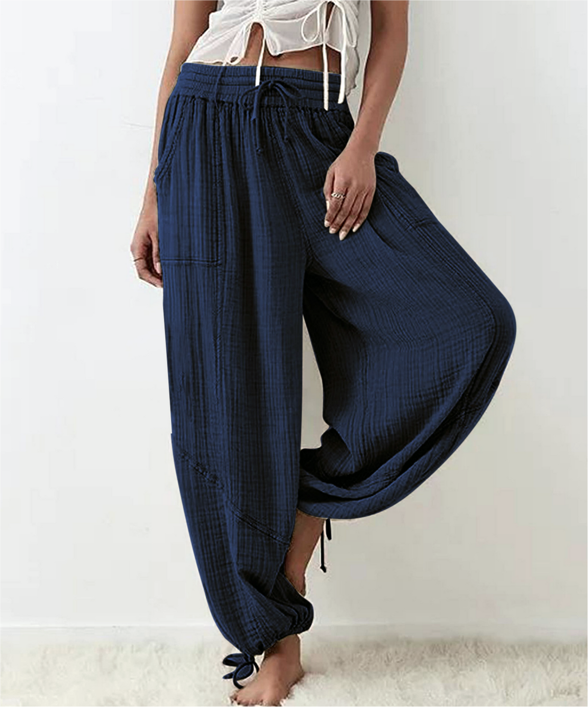 Tie Cuff Wide Leg Harem Pants - Navyblue