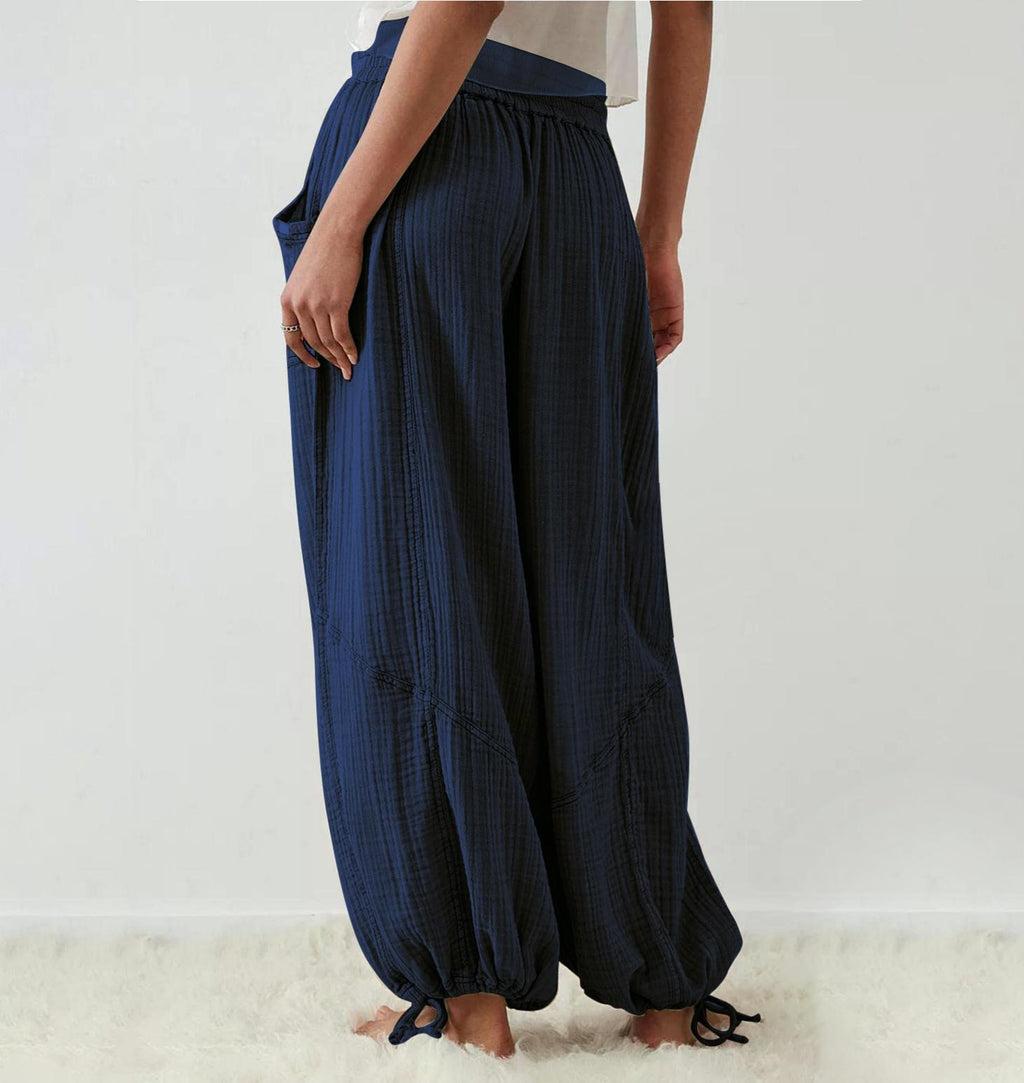Tie Cuff Wide Leg Harem Pants - Navyblue - 2