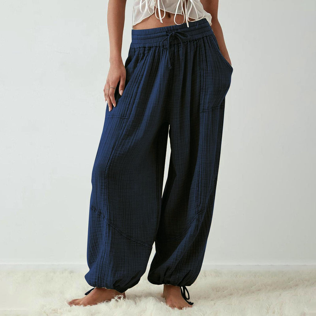 Tie Cuff Wide Leg Harem Pants - Navyblue - 4