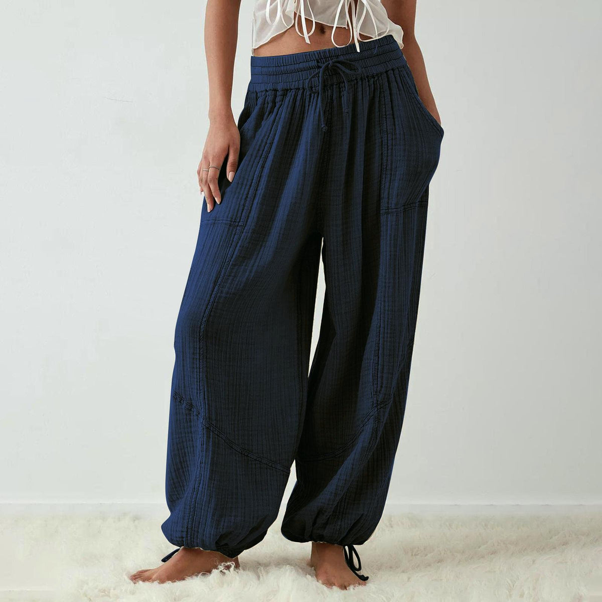Tie Cuff Wide Leg Harem Pants - Navyblue - 4
