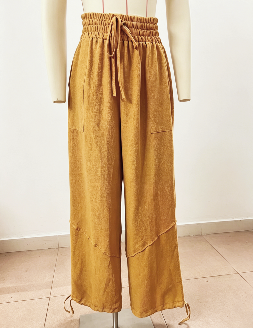 Tie Cuff Wide Leg Harem Pants - Yellow