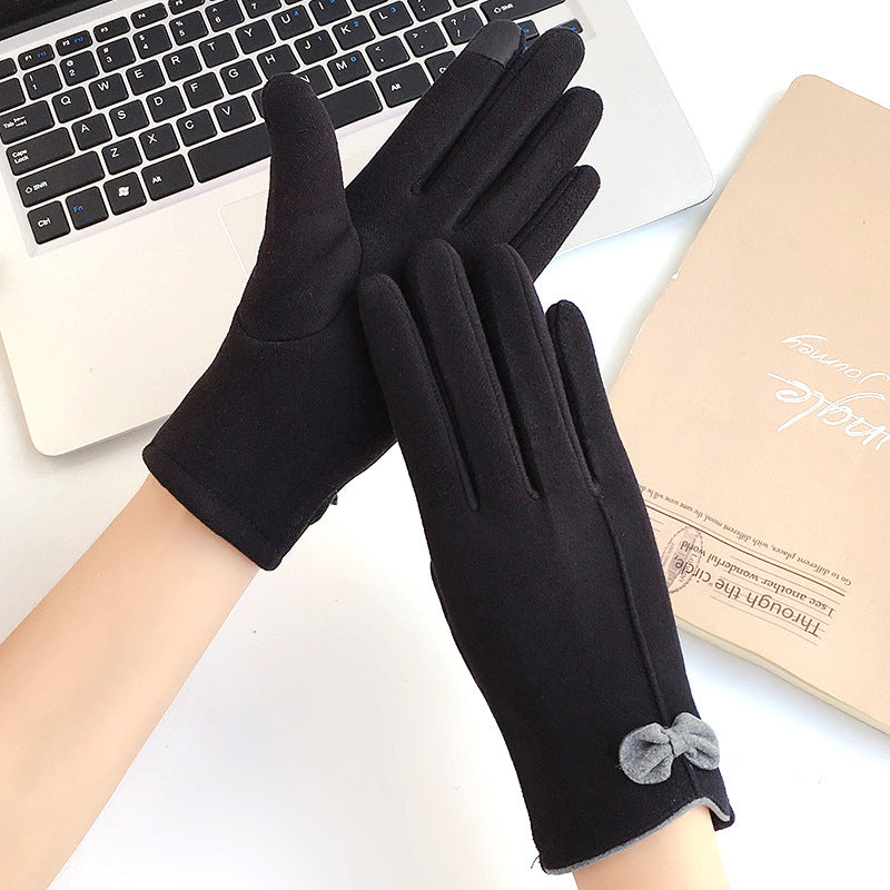 Bow Trim Irregular Cuff Winter Gloves - Black