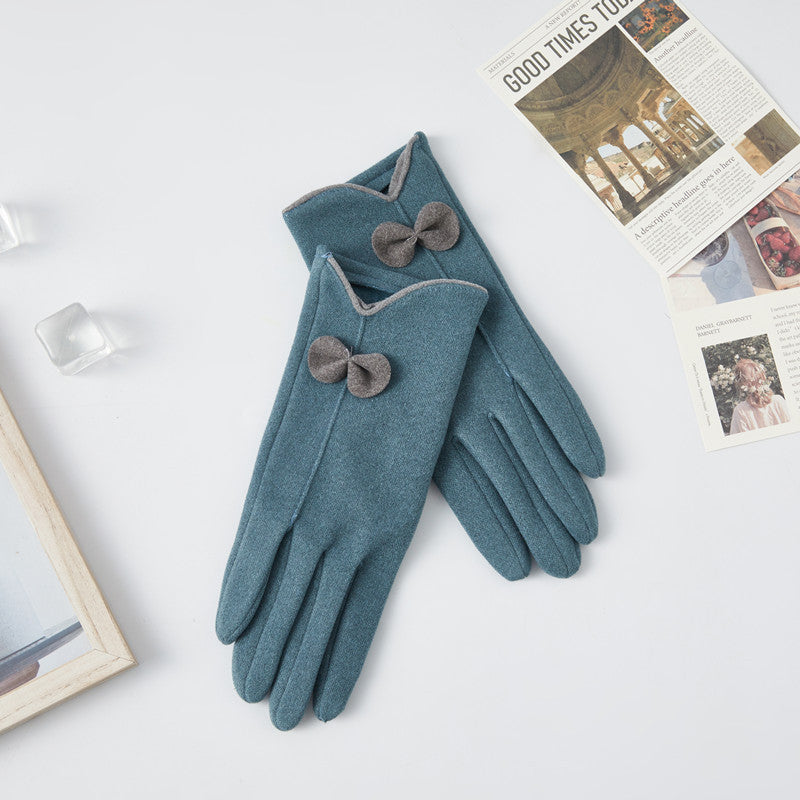 Bow Trim Irregular Cuff Winter Gloves - Blue