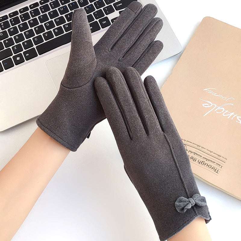 Bow Trim Irregular Cuff Winter Gloves - Grey